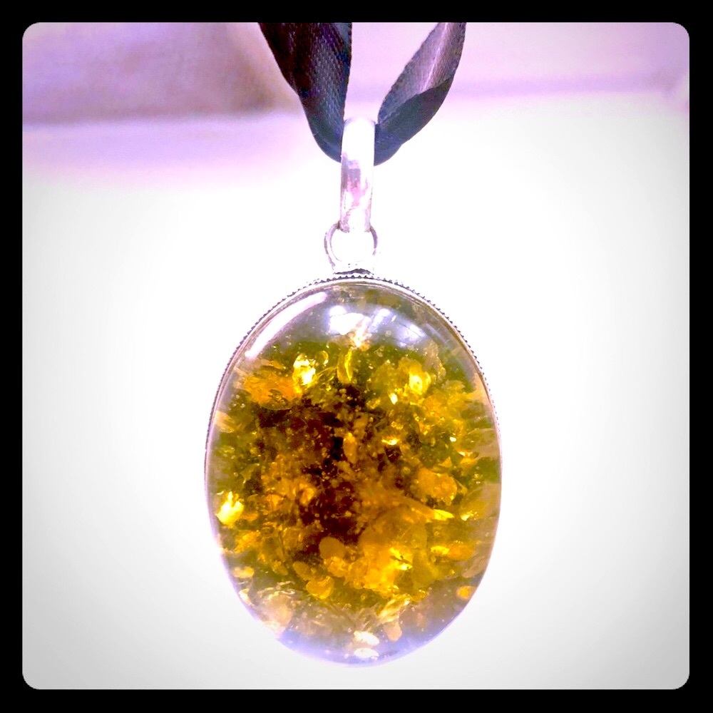 Sterling Silver Petrified Amber Pendant w/Choker